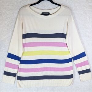 St. John Cream Crewneck Sweater with Navy, Pink, Yellow and Gray Stripes